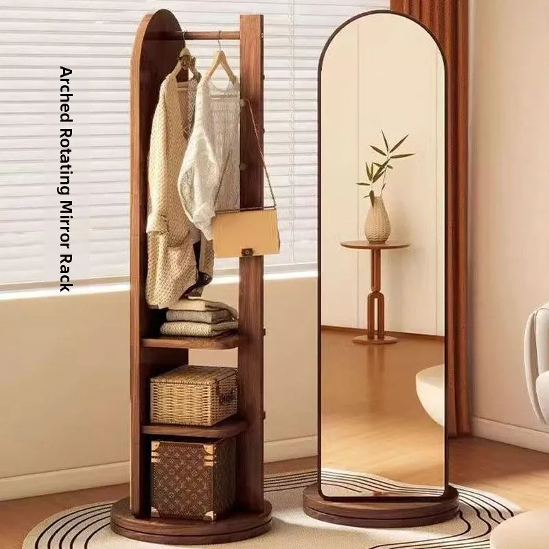 Full-Length Floor Mirror Rotatable Clothes Hanger Home Use Bedroom Dressing Mirror Living Room Wall Mounted Coat Rack
