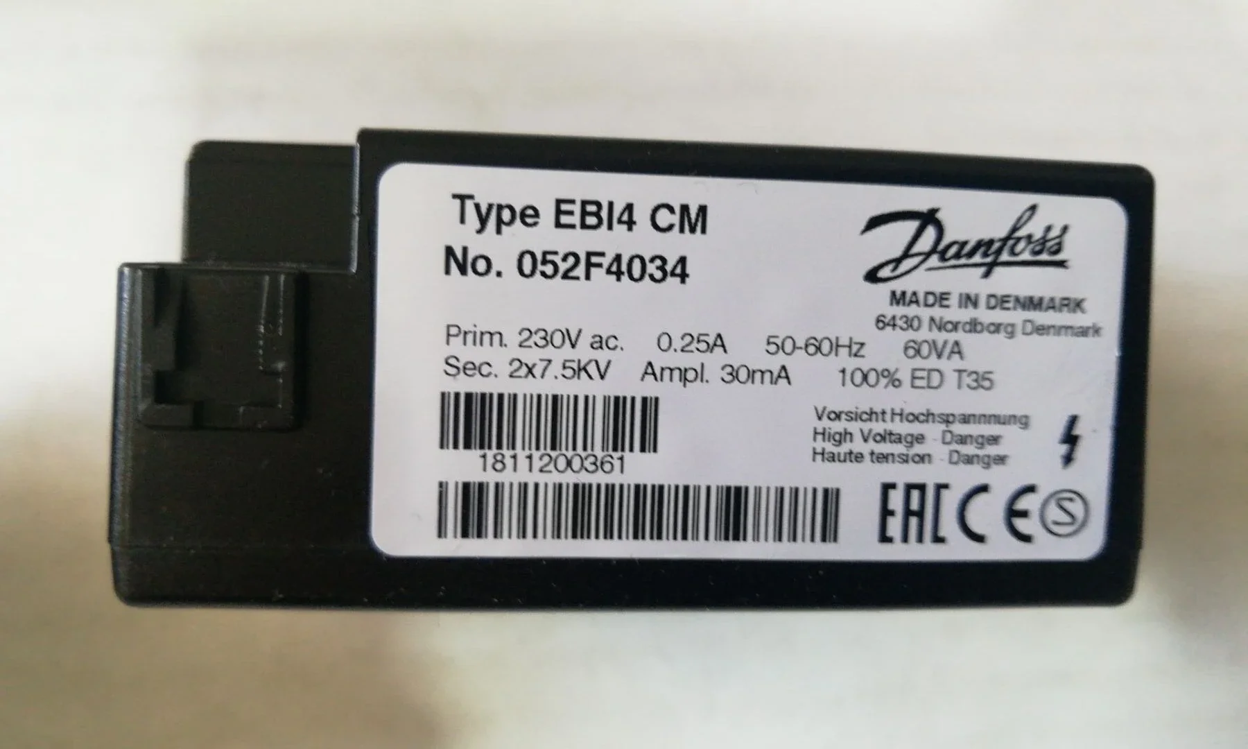 Danfoss ignition transformer Type EBI4 CM No.052F4034 PRIM.230VAC 0.25A 50-60HZ 60VA MADE IN DENMARK