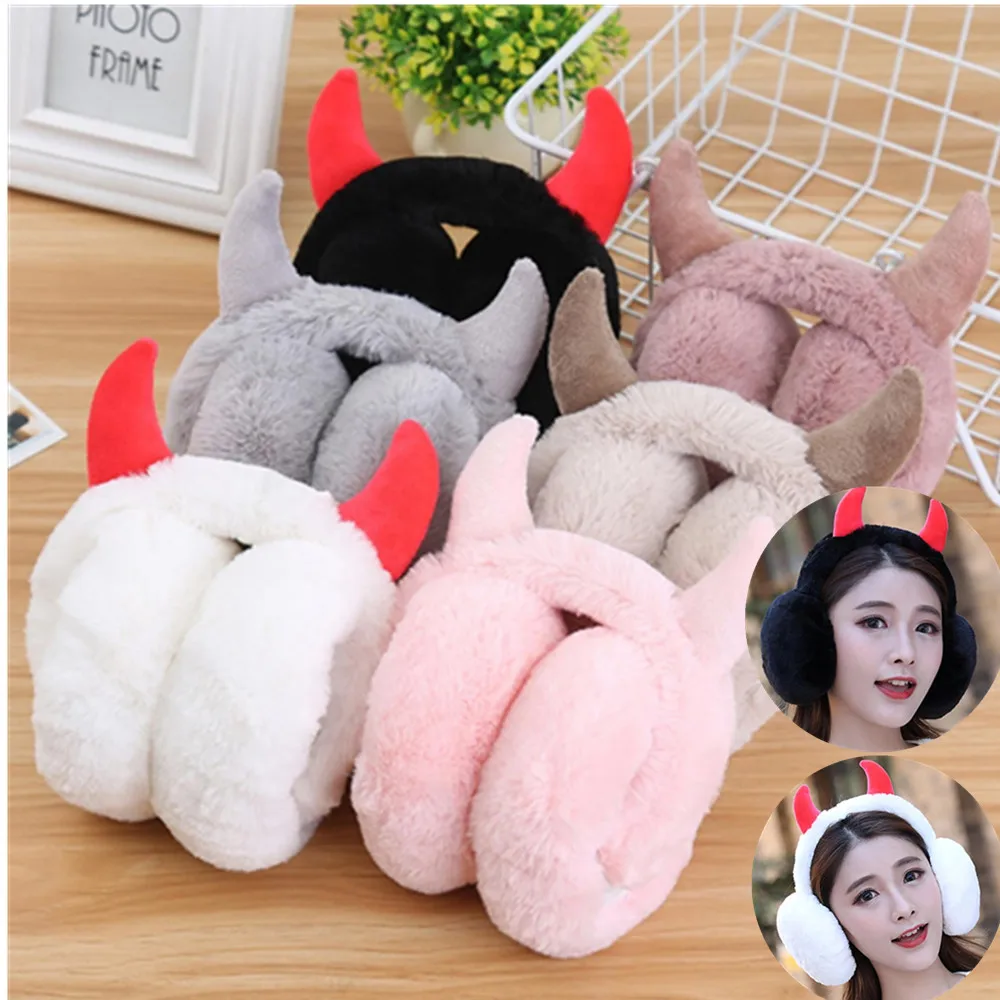 

New in Winter Ear Muffs Women Soft Plush Thicken Outdoor Warmer Ear Protection Fashion Cute Little Devil Horn Foldable Earflaps