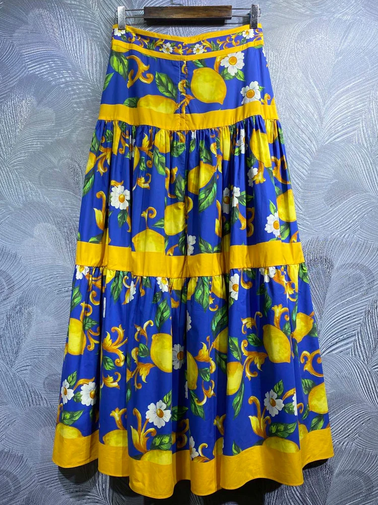 SEQINYY Sicily Skirt Summer Spring New Fashion Design Women Runway Lemon Vintage Flowers Print Blue A-Line High Street