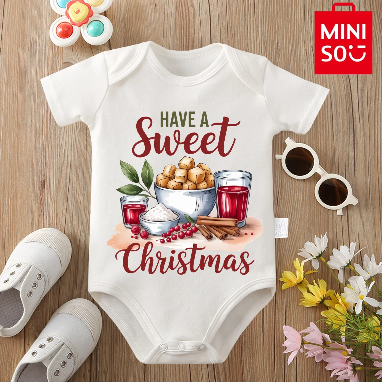 بدلة قطعة واحدة للأطفال من MINISO لعيد الميلاد الأولى على شكل قصب حلوى من القطن الخالص بدلة قطعة واحدة لعمر 0-12 شهرًا لحديثي الولادة أفضل هدية للطفل #3
