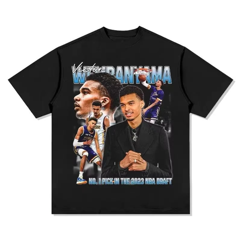 T-shirt de basket Victor Wembanyama pour hommes et femmes, en coton surdimensionné à manches courtes, incontournable # 1 Draft Pick Print Rookie Top