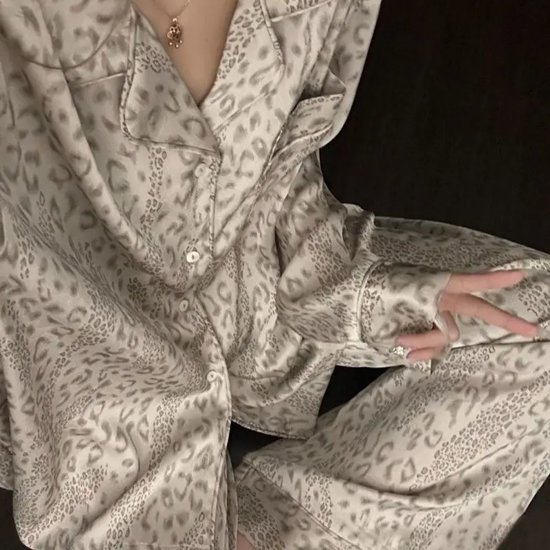 Women Luxury Leopard Print Pajamas Set 2 Pcs Long Sleeves Lapel Shirt&pants Homewear Sleepwear Rayon Comfy Newest Nightwear