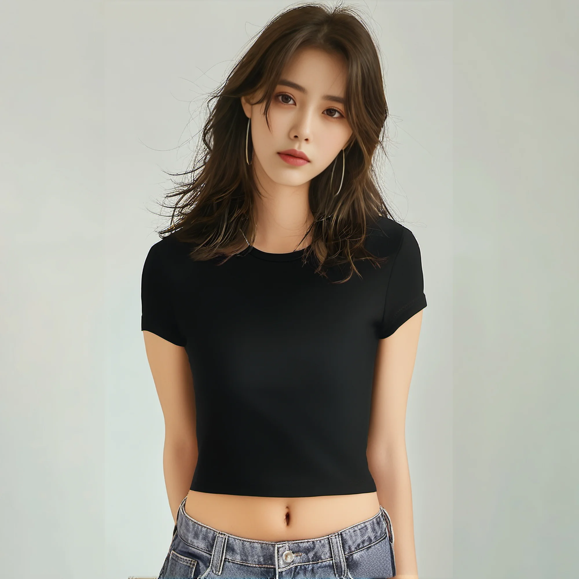 4 pieces Solid color basic short sleeved tight fitting T-shirt for women\'s casual summer minimalist Korean style full top O-neck