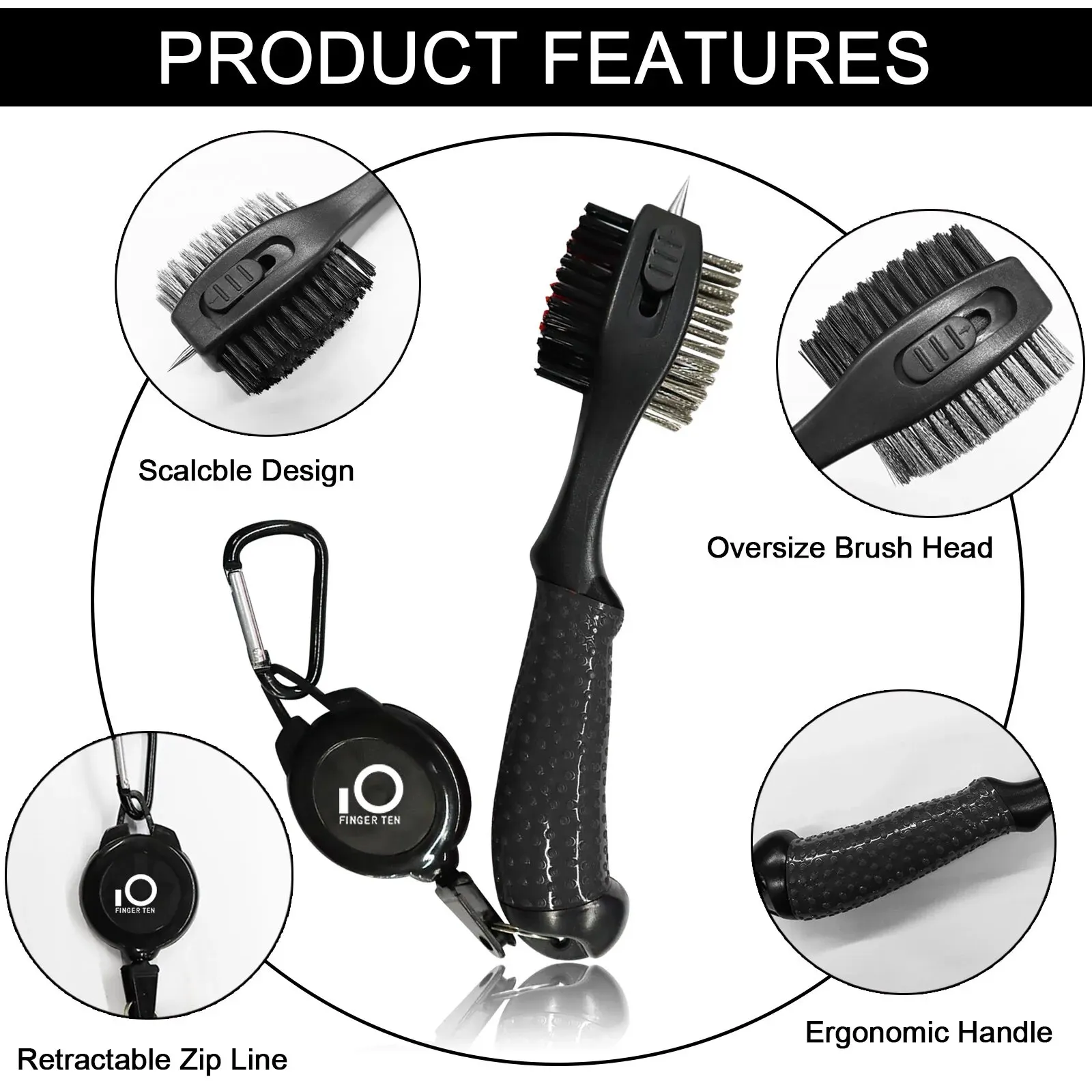 Golf Club Cleaner Brush Oversized Head with Retractable Zip-Line Clip,Double Sided Brush with Spike for Cleaning Groove Shoes