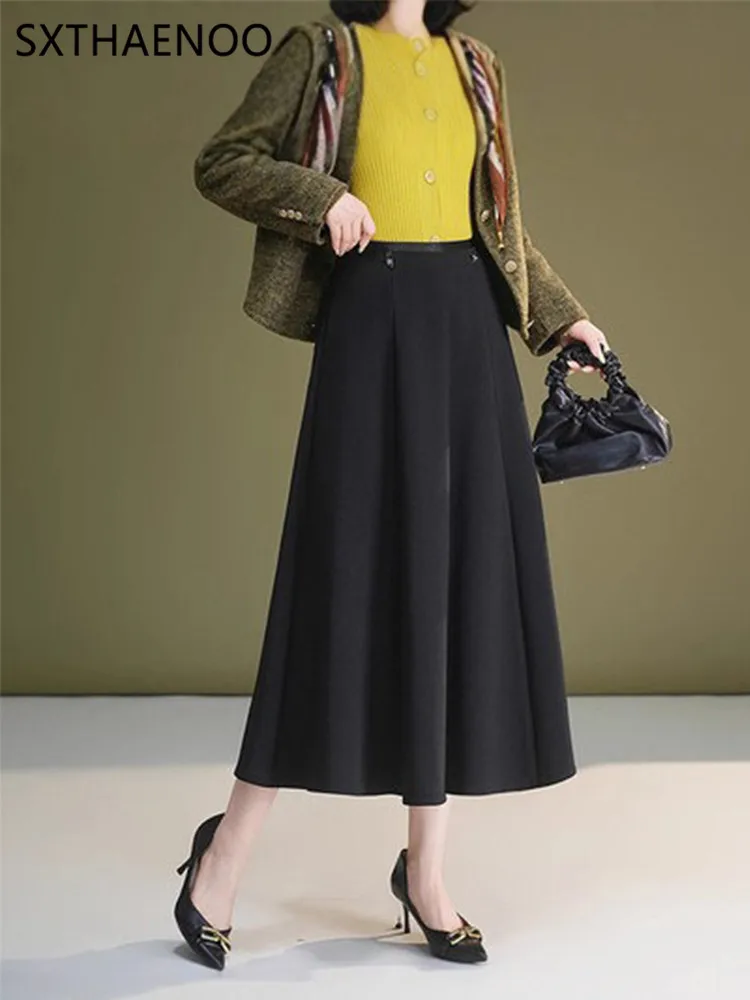 Spódnica SXTHAENOO, długa, w kształcie litery A, wyszczuplająca, z wysokim stanem, zakrywająca biodra, elegancka, idealna do pracy, mieszanka poliestru, model 2025