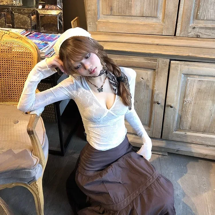 Jesienna, seksowna koszulka z dekoltem w serek, wyszczuplająca, z długim rękawem, damska bluzka z koronkową siateczką, modelująca i wygładzająca.