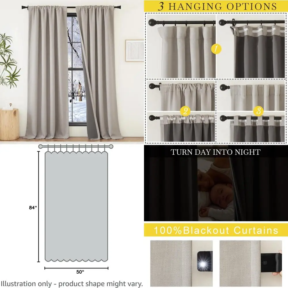 

84 Pinch Pleat Blackout Curtains, 100% Linen, 2-Panels, Thermal Insulated, Sound Absorbing for Bedrooms/Living Rooms, Angora, 50