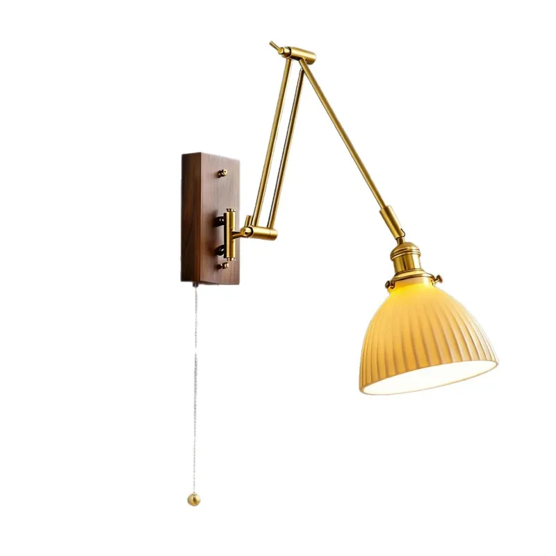 Medieval solid wood ceramic wall lamp, dead wind long arm folding bedside lighting wall lamp