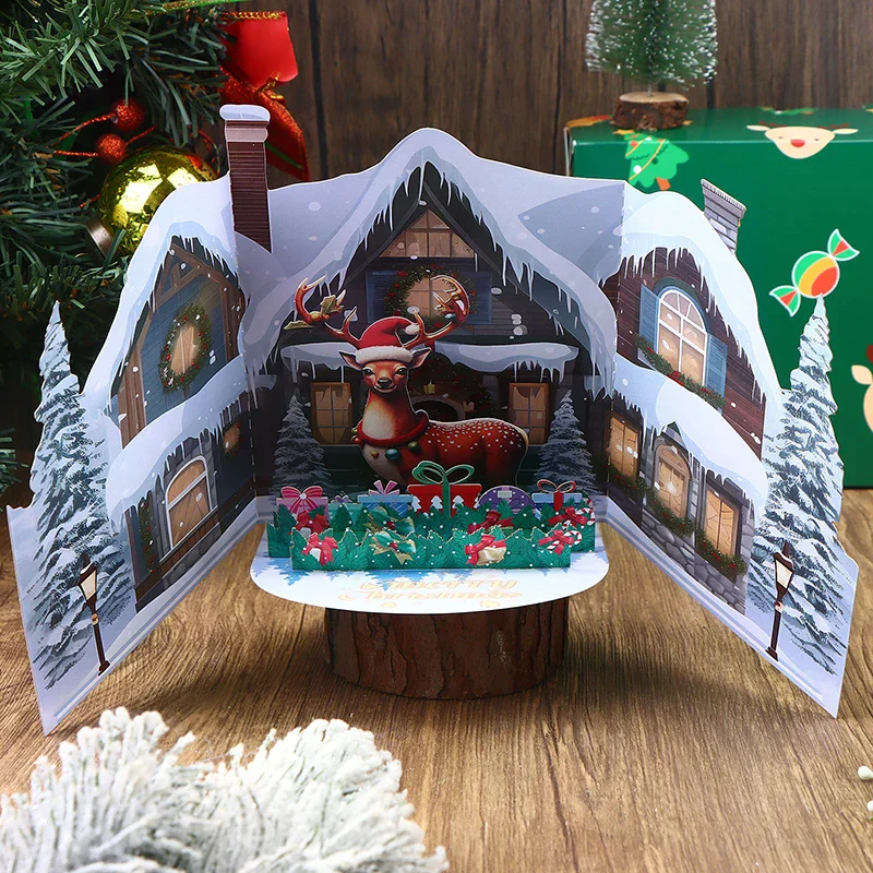 

1PC 3D Christmas Card With Snowy Winter House And ELK Design Envelope Included Festive Greeting For Family Friends