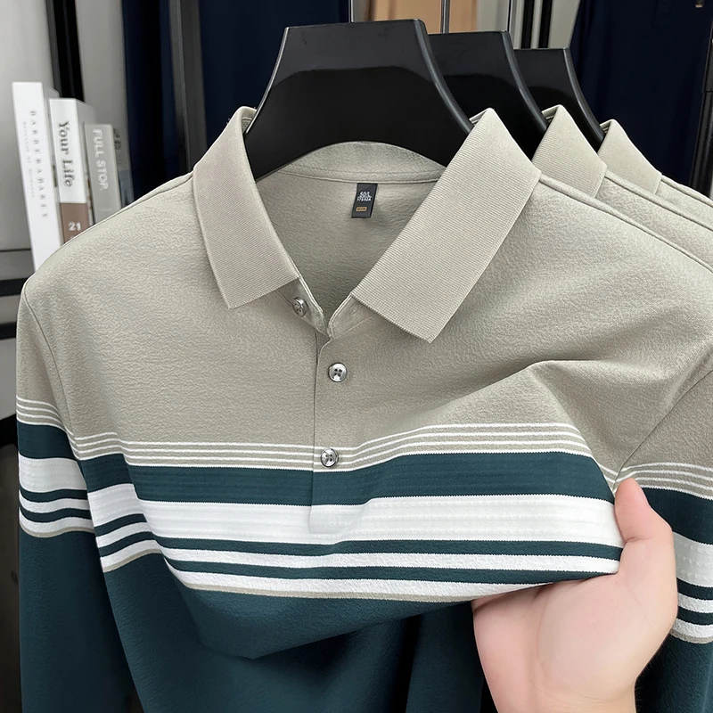 Advanced Luxury Men Long sleeve polo shirt fashion stripes color blocked comfort business leisure autumn new trend lapel T-shirt