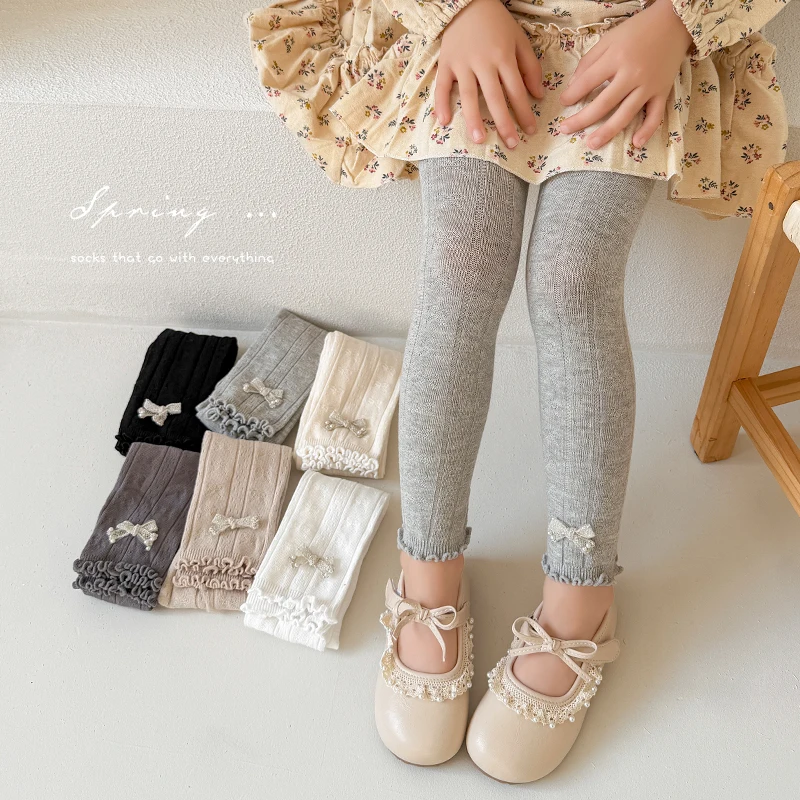 Fashion Sweet Kids Rolled Edge Nine-Point Leggings Cute Silver Bow Decoration Trendy Soft High Elastic Comfortable Daily Casual