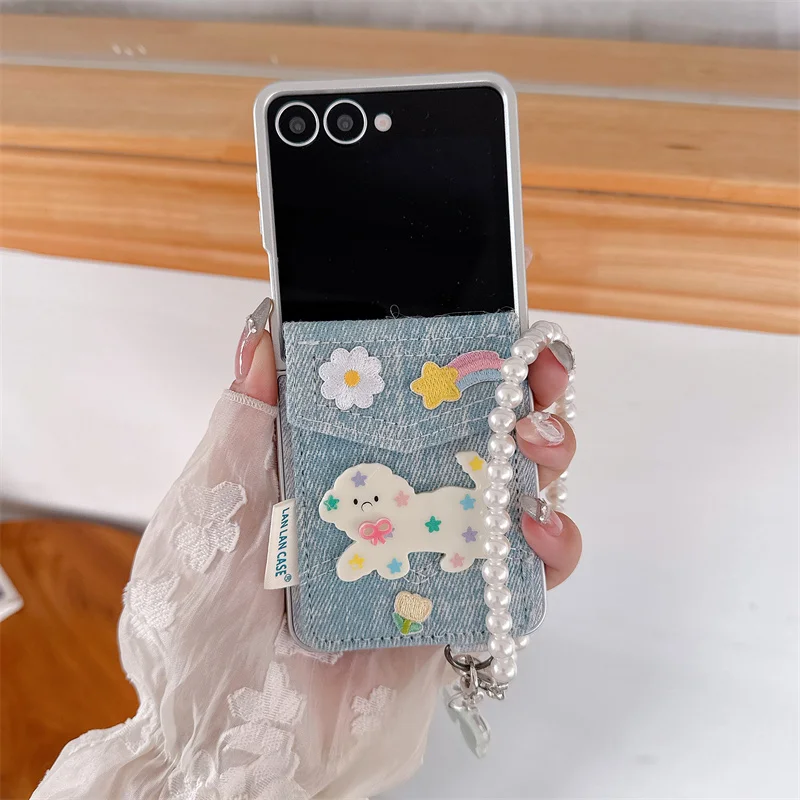 Джинсовый чехол для телефона Kawaii Cat Puppy Card Bag для Samsung Galaxy Z Flip 7 6 5 Flip6 Flip5 с цепочкой, милые чехлы ZFlip7 Funda