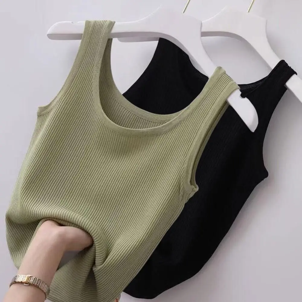 2024 Polyester Sexy Sleeveless Camisole Basic Top T-Shirt Summer Camisole Streetwear Tees Solid Color Spring Knitted Tank Women