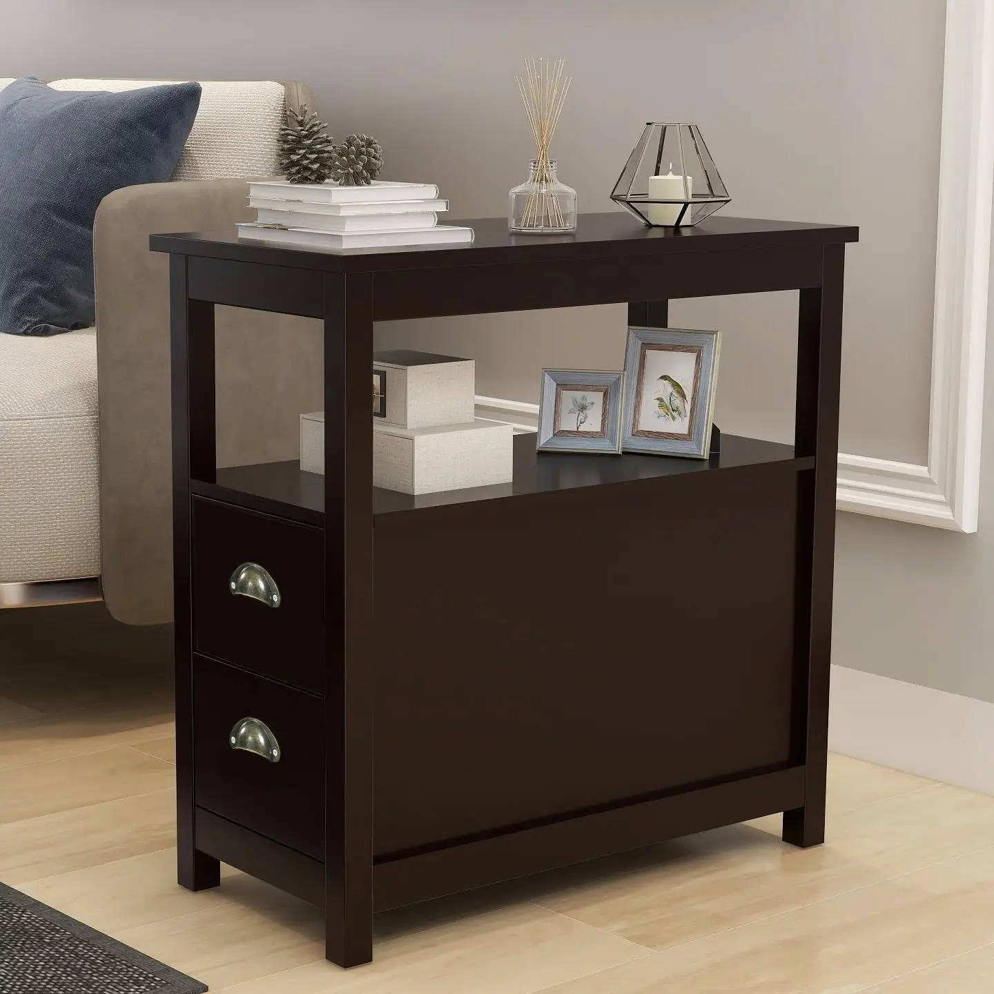 

Brown Narrow End Table Nightstand with 2 Drawers & Open Shelf - Modern Bedroom Storage Solution