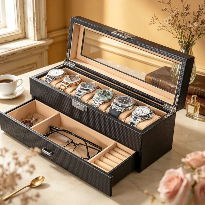 Leather Watch Box Large Capacity Vertical Storage Organizer Multi Compartment Case for Men's Watches Jewelry 시계 보관함