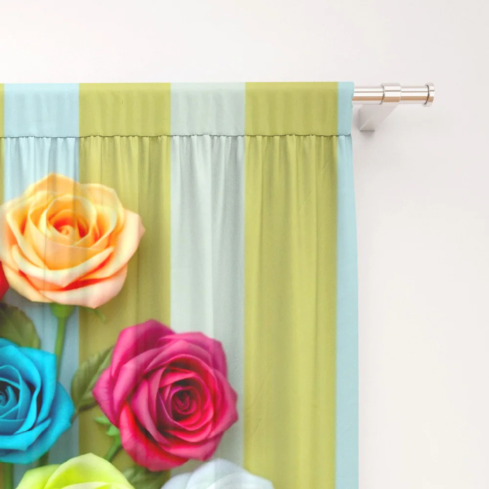 Ins Pastel 3D Colorful Rose Curtain Panels,Vertical Light Strip Sweet Bloom Full Print Drapes For Apartment Cafe Girl Room Decor