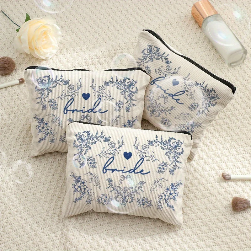 1pc Bride Makeup Bag Blue Bride Bag for Bridal Shower Wedding Engagement Gifts Patterned Corduroy Zipper Makeup Bag, Lightweight view 5