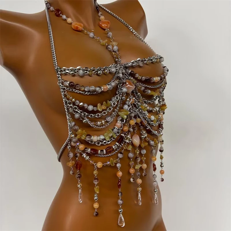 Handgefertigtes Perlen-Bodychain-Bralette für Damen, Neckholder, Naturstein, mehrlagiges Harness-Crop-Top, sexy Quasten-Bustier für Strand und Festival – Detail 4