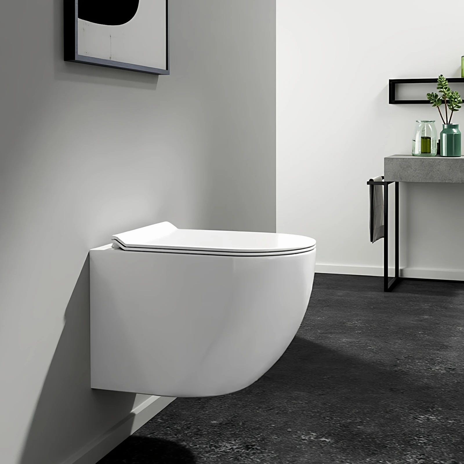 مرحاض معلق على الحائط بتصميم حديث مع خزان مخفي ووعاء دائري ومراحيض معلقة عملية