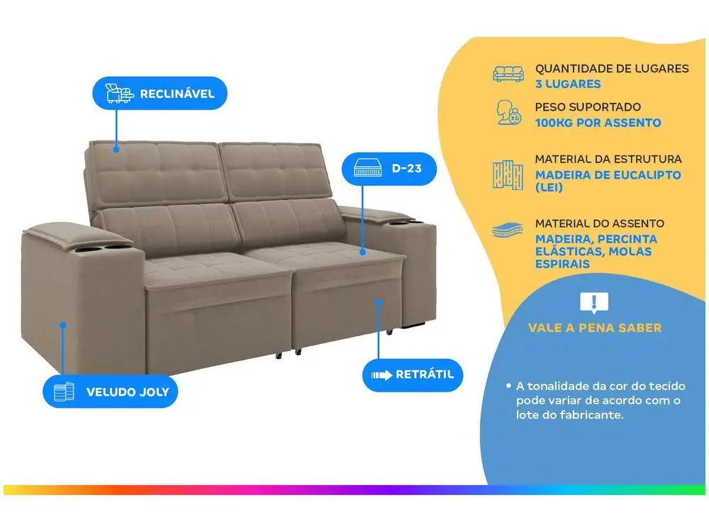 Joly Cancún Velvet Retractable Sofa 3 Places Recliner Blue Upholstered