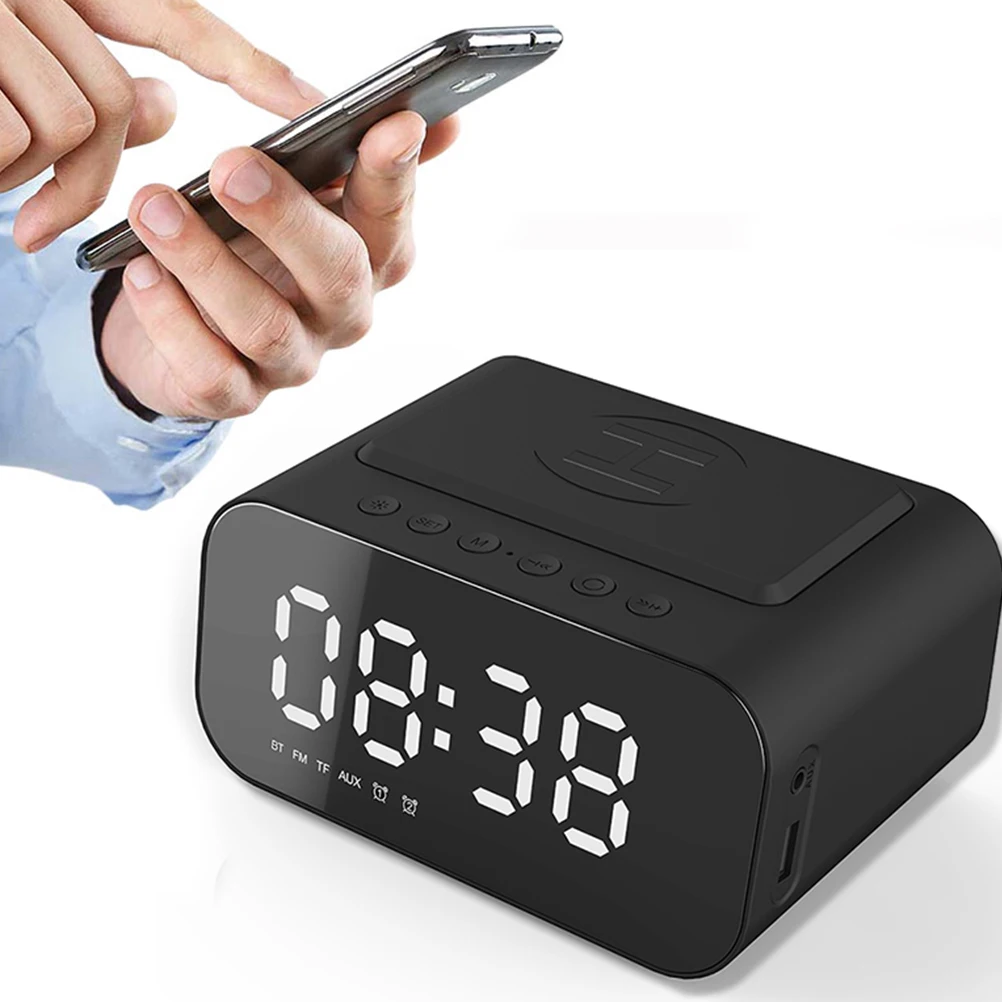 

Dual Wireless Charging Speaker Led Digital Alarm Clock Compact Stereo Bass Sound Travel Home Office Use