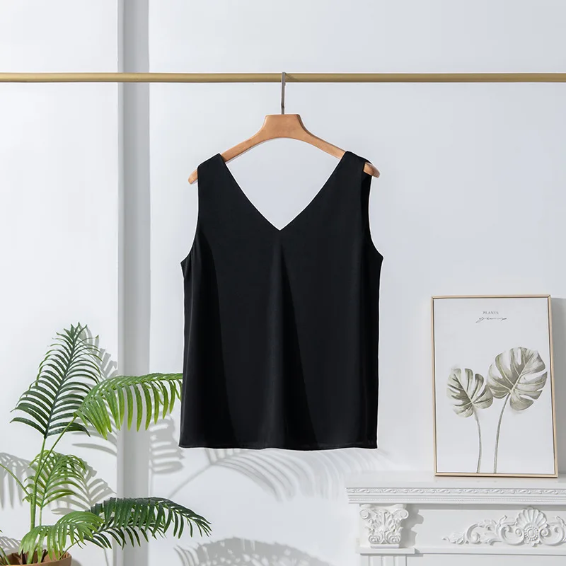 MadBlack-93%Silk 7%Spandex Shuang Qiao Elegant Vest, V Neck Solid, Women Fashion Casual Thin Loose Top, 2026 Summer New T65219CC