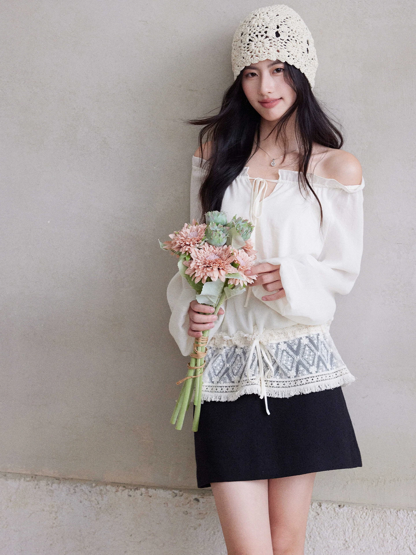 

Romantic Loose Fit One oulder Lace Trim Waist Cinched Women's Top French Sle irt Design with Belt Detail Breathable