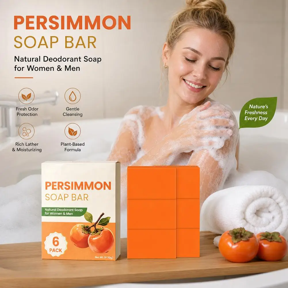 6 Pack Persimmon Soap Bars for Body Odor Removal, Handmade Persimmon Soaps for Face and Body Wash,Gentle Deodorant Bath Soap Kit