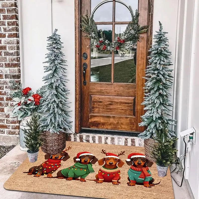 VIKAMA Dachshund Christmas Door Mat Four Dogs Non Slip Welcome Rug For Entryway Front Door Porch Pet Lover Xmas Decor