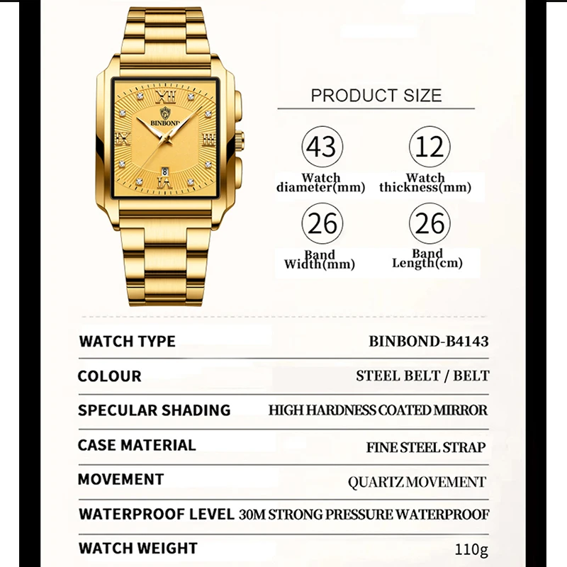 BINBOND 남성용 비즈니스 쿼츠 시계, 하이 퀄리티 방수 스포츠 캐주얼 자동 날짜, 럭셔리 스퀘어 맨 워치, 핫 뉴 패션