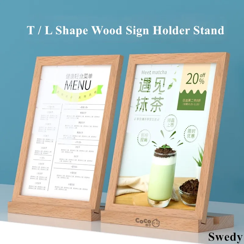 A6 100X150MM T / L Shape Wood Base Countertop Acrylic Menu Paper Sign Holder Display Stand Table Poster Picture Photo Frame