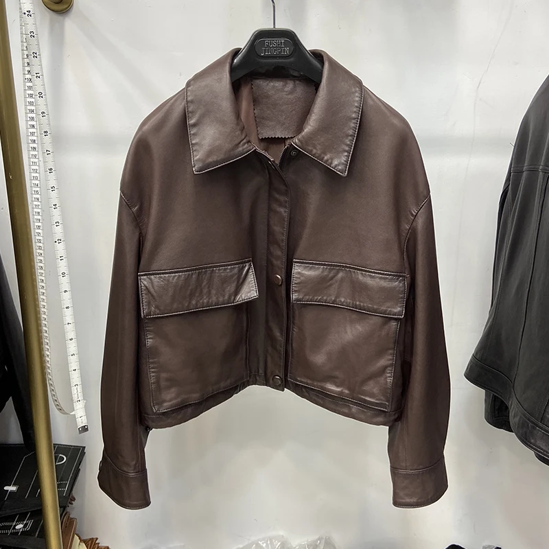 Women Spring Genuine Sheepskin Leather Jacket Fashion Classic Black Loose Real Leather Jacket Coat