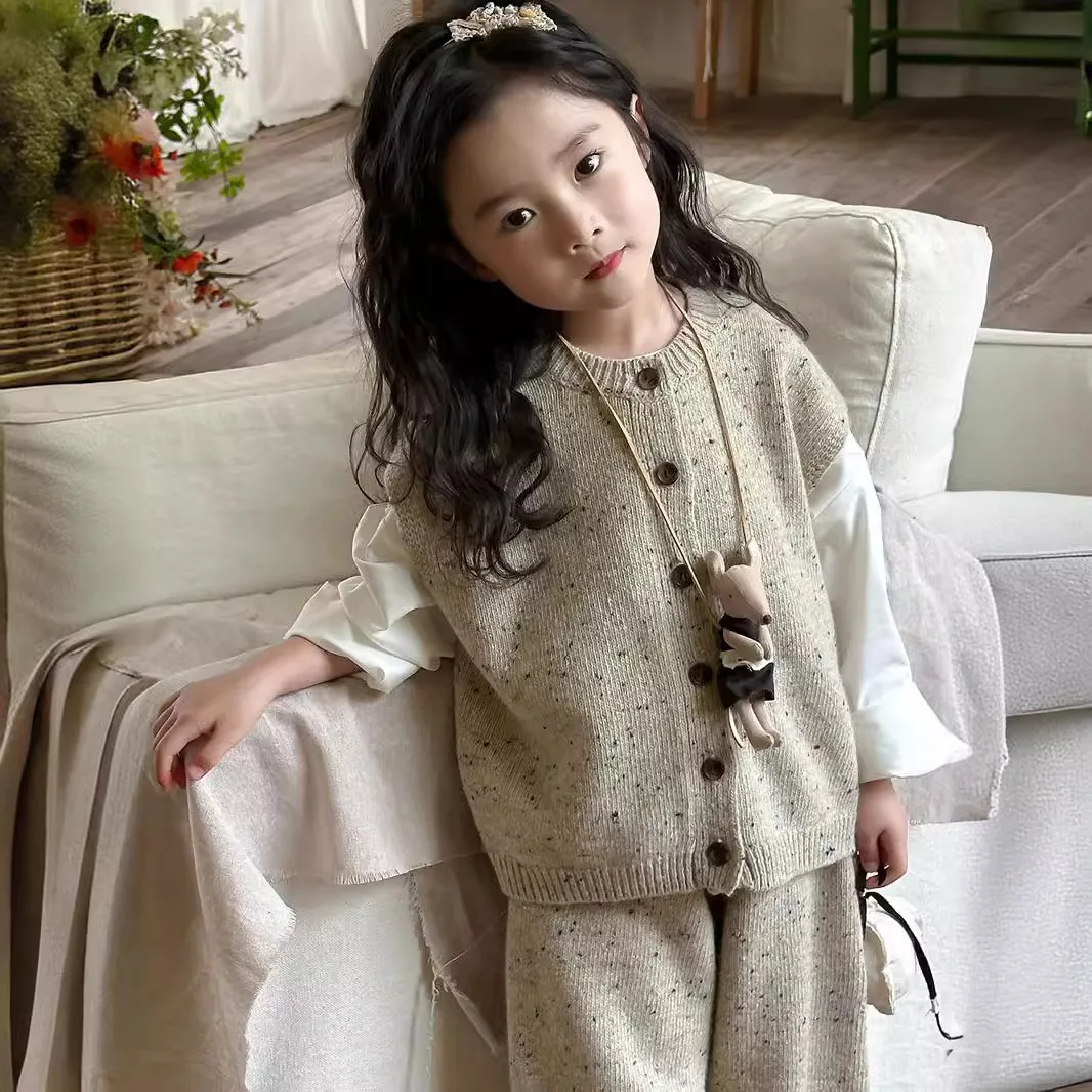 Autumn 2024 New Korean Style Products Girl Sweater Suit Children Knitted Yarn Vest Trousers Solid Color Two Piece Sets