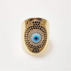 FUWO 1Pcs High Quality Natural Shell Evil Eye Ring,Golden Plated Cubic Zirconia Jewelry Gift For Women/Men Adjustable Size RG075