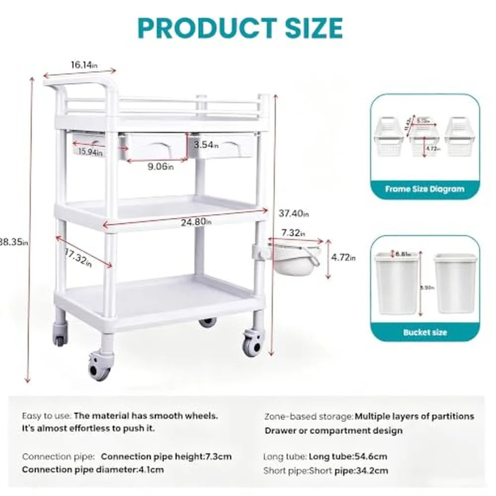 3 Tier Medical Mobile Trolley Cart with 2 Drawers & 2 Trash Cans