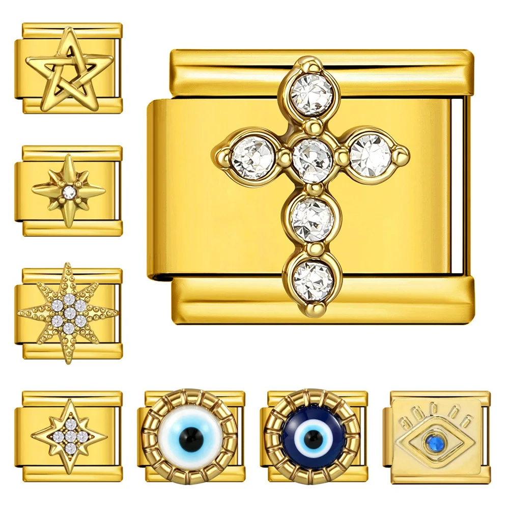 Evil Eye Cross Star Serie Italienisches Edelstahl-Armband Charm Goldfarben 9mm Kubisches Zirkonia Gliederarmband Damen Amulett Schmuck DIY – Detail 1