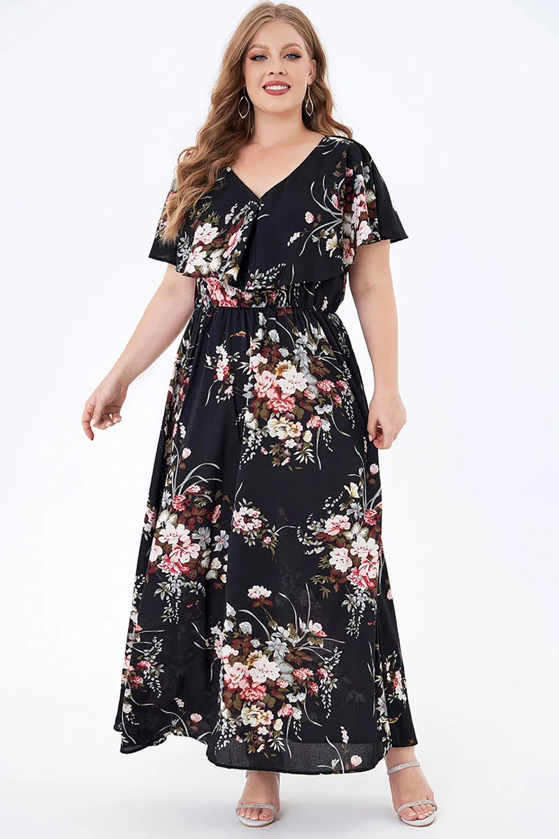 

Flycurvy Plus Size Casual Black Chiffon Floral Print Pleated Tunic Maxi Dress