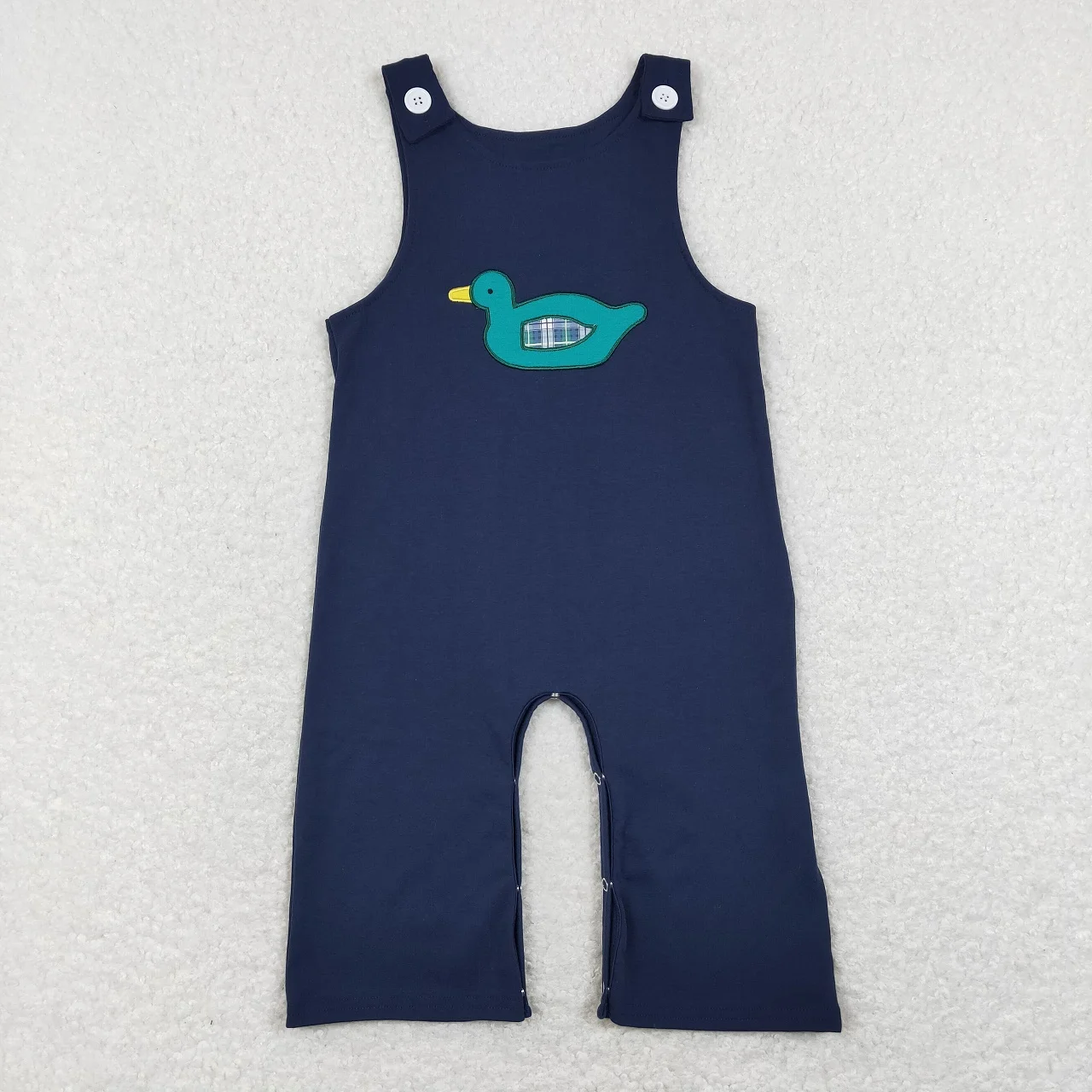 

Wholesale Toddler Baby Boy Embroidery Duck Romper Newborn Summer Sleeveless Navy Blue Cotton One-piece Kids Children Buttons