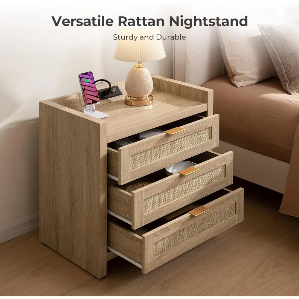 Rattan Nightstand Bedside Table - Larger Night Stand with Type-C Charging Station, 3 Drawers Storage - Boho Night Stands
