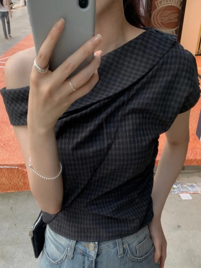 

Сексуальная клетчатая женская шикарная блузка в стиле ретро, лето 2023, новинка 2022 года, женская блузка Ele Faion с небольшими детализациями