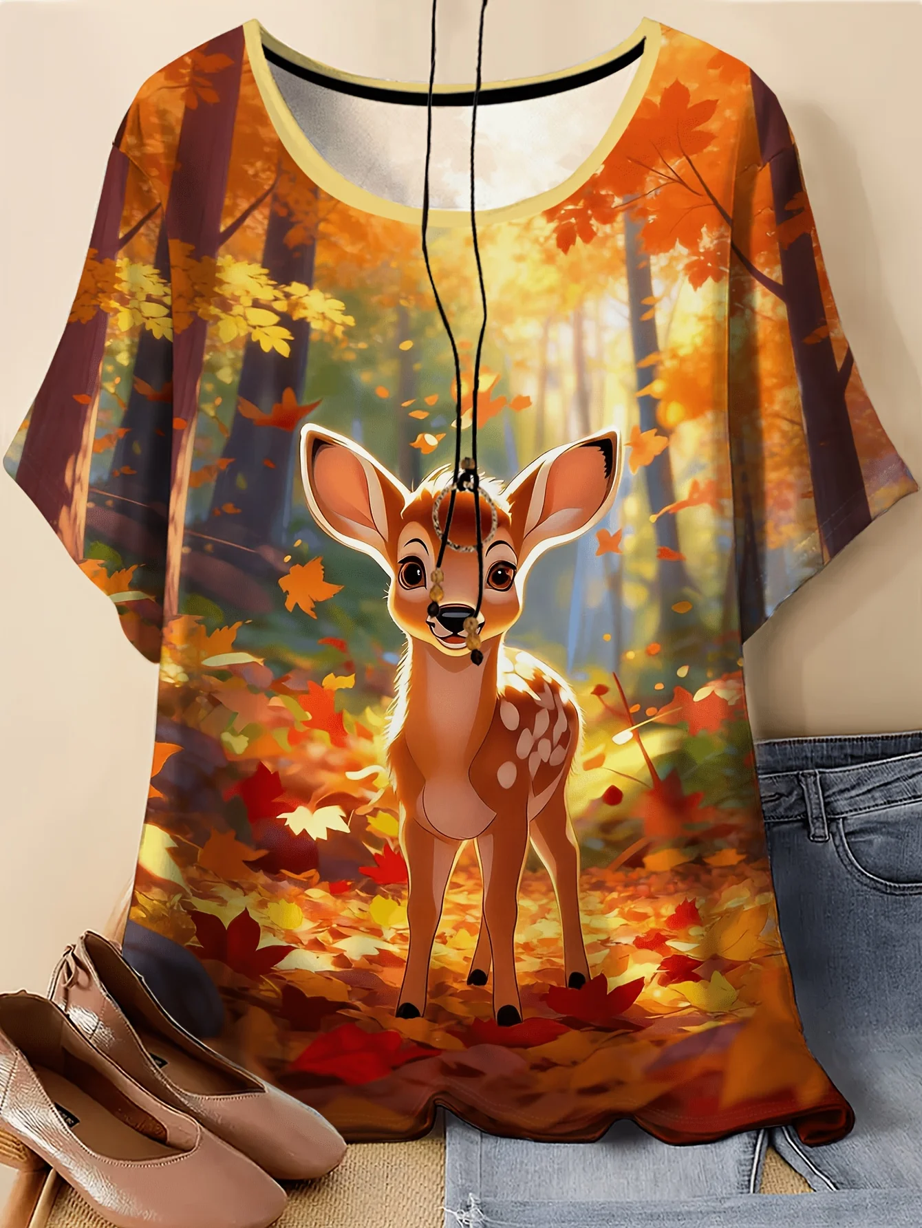 Women Crew Neck Short Sleeve T‑Shirt, Cute Fawn Autumn Forest Maple Leaf Nature Art Graphic Casual Tee
