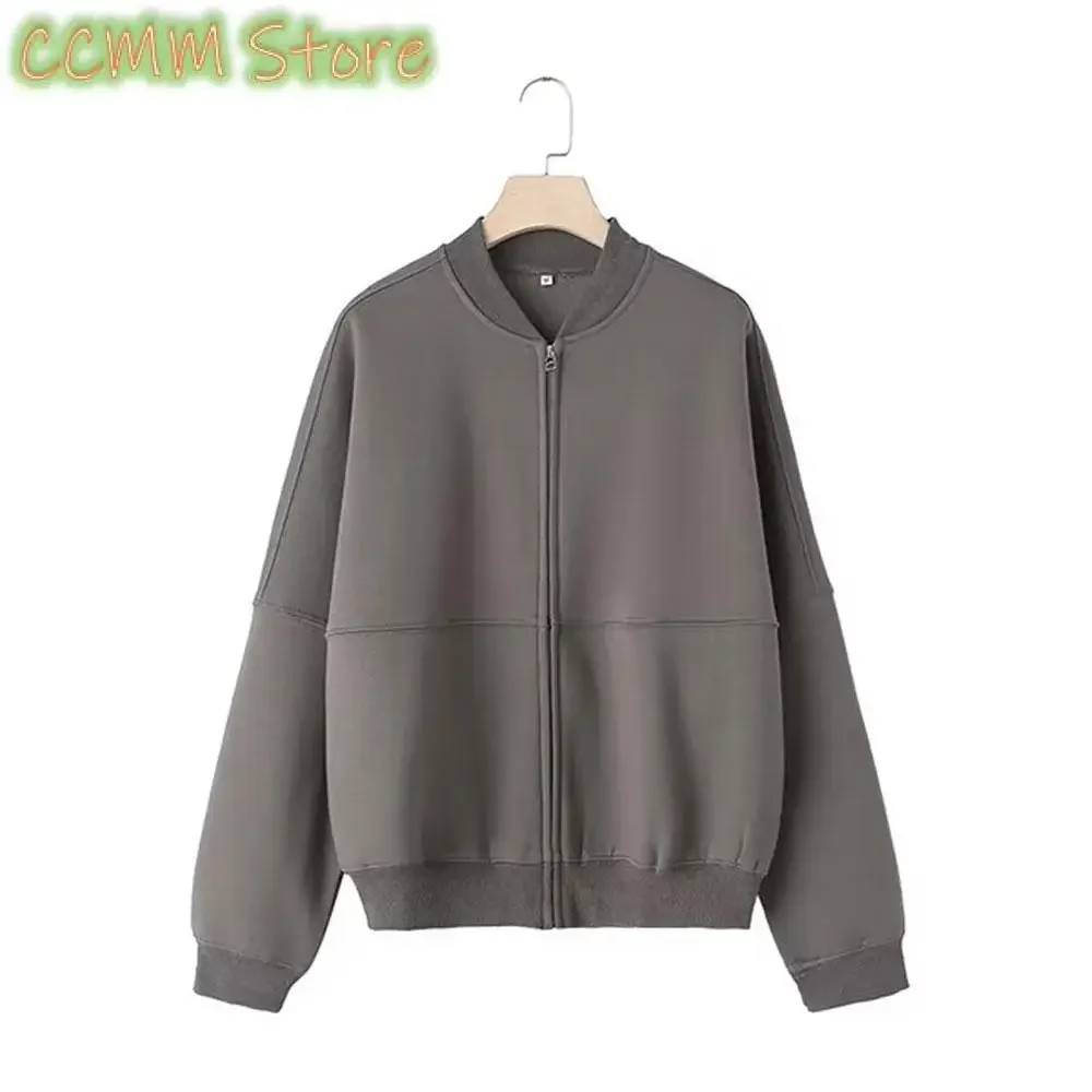 Women's 2-piece Retro Solid Color Zipper Bomber Jacket Sweatshirt + High-waisted Lace-up Women's Loose Velvet Pants Suit
