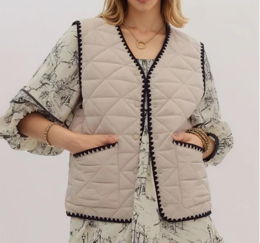 

Autumn and Winter Fashion Contrasting Border Design Button Front Sleeveless Cotton Jacket Women's Casual Sleeveless Vest Jacket