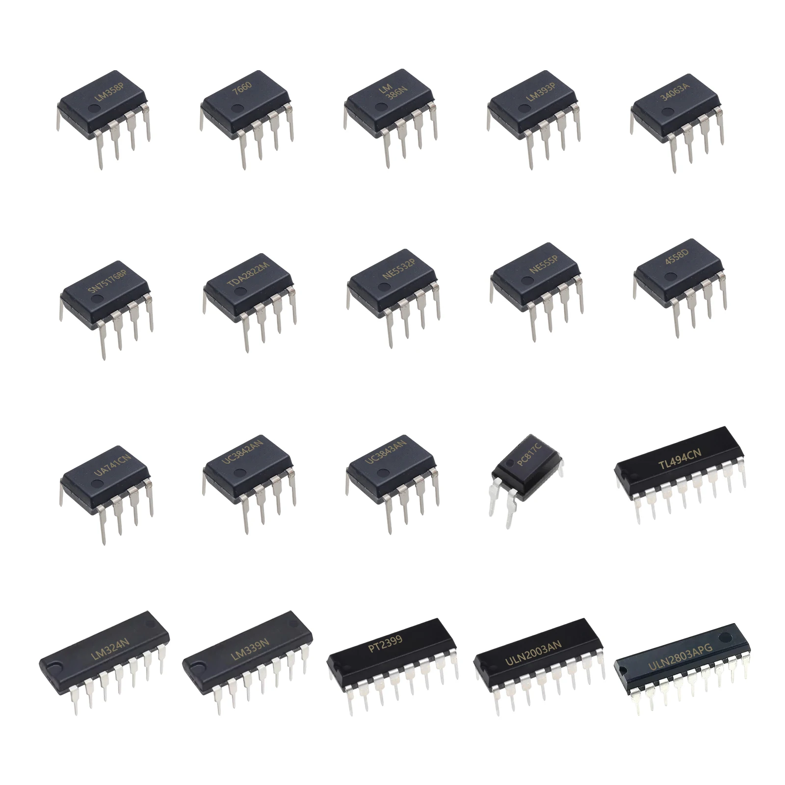 20 Values DIP kit LM358P LM324N LM386N LM393P NE5532P NE555P PC817C PT2399 TDA2822M TL494CN UA741CN UC3843AN ULN2003AN 60 Pcs