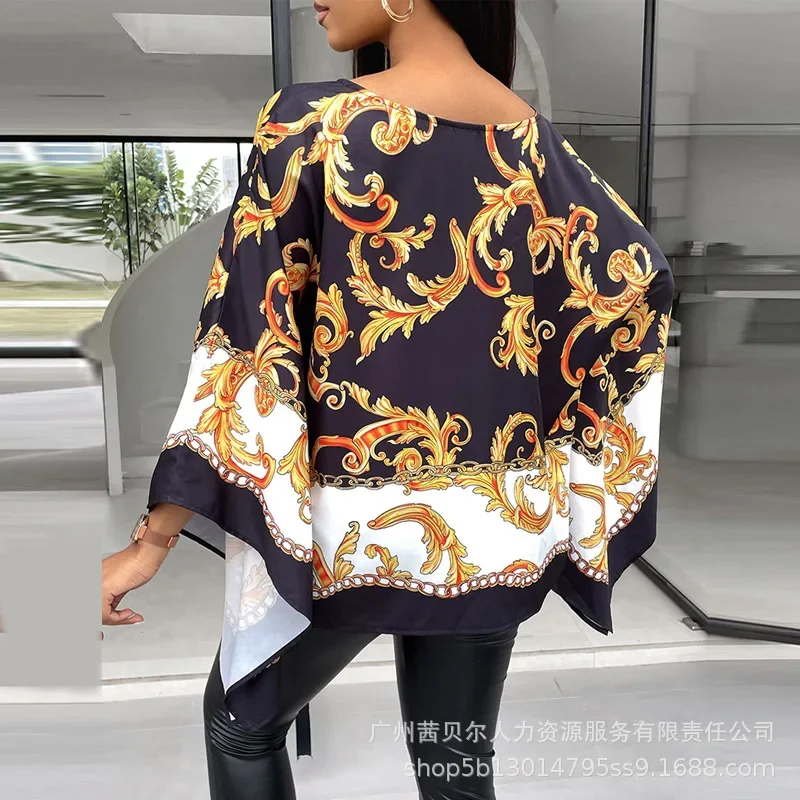 Tops Women Print Round Neck Bat Full Sleeve Top Loose Casual Regular Splice Tees Office Ladies Elegant T Shirts Spring 2024