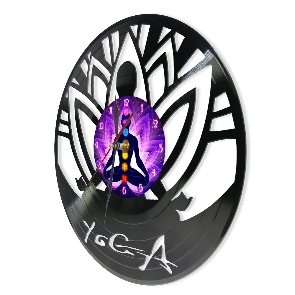 Yoga Pose Vinyl Record Wall Clock Mindfulness Meditation Home Decor Calming Artwork with Lotus Om Sign Retro Music Album Clock