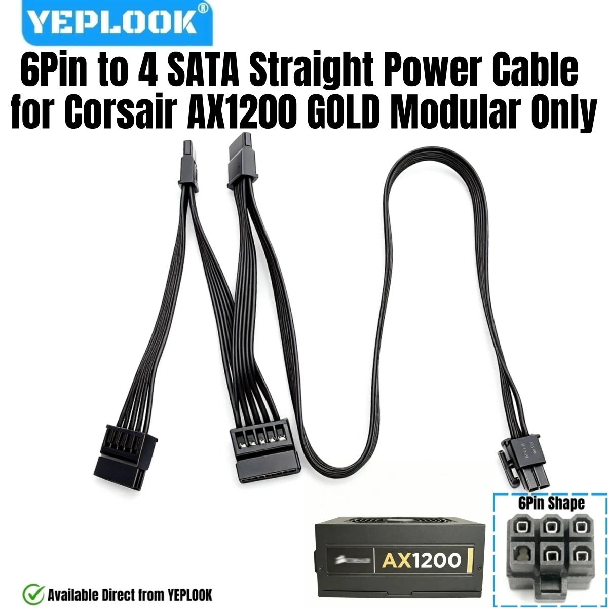 

6-Pin to 4x SATA Straight, SSD HDD Power Cable for Corsair AX1200 1200W Gold Professional Series Modular Power, 50+15+15+15 CM