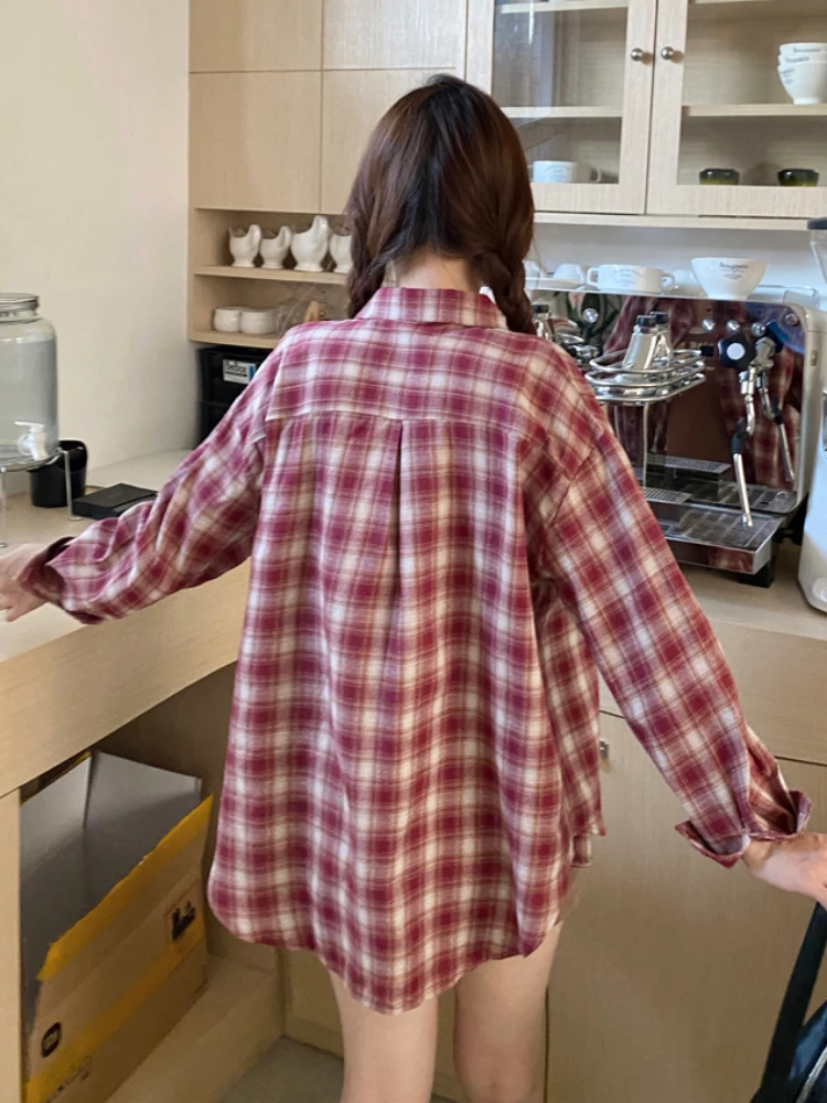 Plaid Shirts Women Slouchy Korean Style Office Lady Long Sleeve Spring Autumn High Street Casual All-match Clothing College Chic