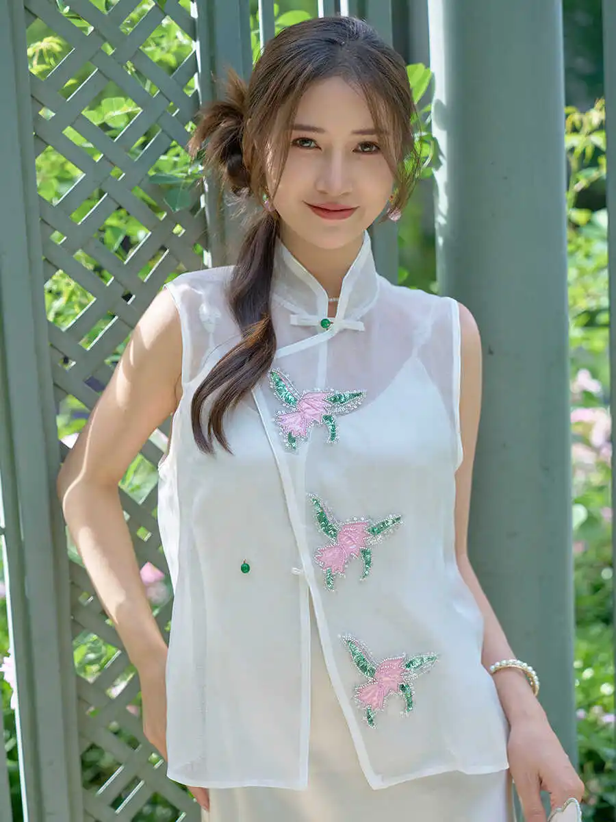 

Новая китайская женская винтажная жилетка из шелкового шифона с вышивкой и бисером, с воротником-стойкой, летняя модная коллекция